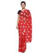 Red printed faux georgette saree with blouse