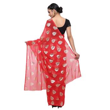 Red printed faux georgette saree with blouse 2