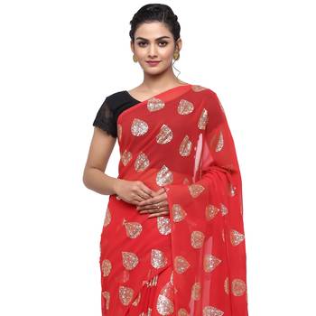 Red printed faux georgette saree with blouse 3