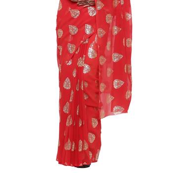 Red printed faux georgette saree with blouse 4