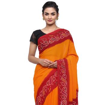 Orange printed faux georgette saree with blouse 3