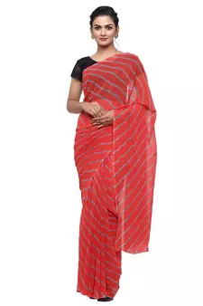 Red printed faux georgette saree with blouse