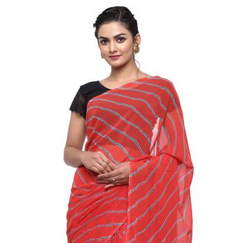 Red printed faux georgette saree with blouse 3