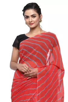 Red printed faux georgette saree with blouse