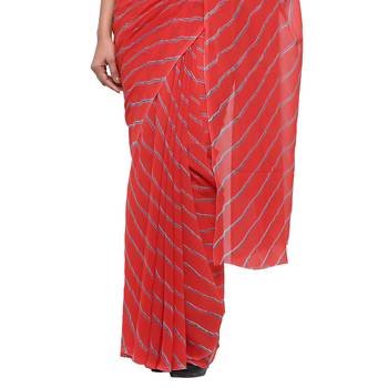 Red printed faux georgette saree with blouse 4