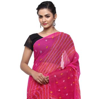 Pink printed faux georgette saree with blouse 3