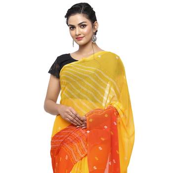 Yellow printed faux georgette saree with blouse 3