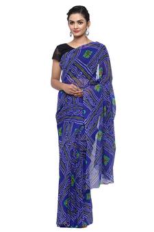Dark blue printed faux georgette saree with blouse