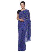 Dark blue printed faux georgette saree with blouse