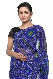 Dark blue printed faux georgette saree with blouse