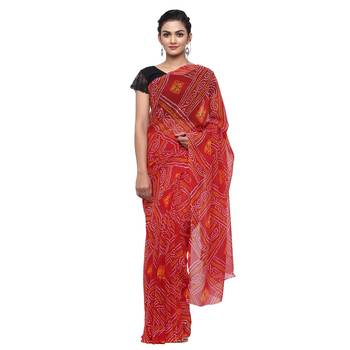 Red printed faux georgette saree with blouse 1