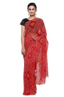 Red printed faux georgette saree with blouse