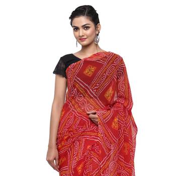 Red printed faux georgette saree with blouse 3
