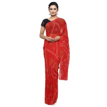 Red printed faux georgette saree with blouse 1