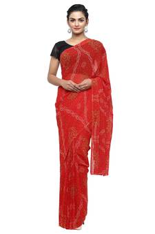 Red printed faux georgette saree with blouse