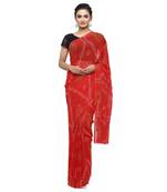 Red printed faux georgette saree with blouse