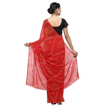 Red printed faux georgette saree with blouse 2
