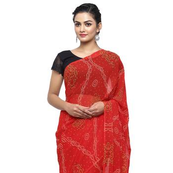Red printed faux georgette saree with blouse 3