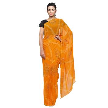 Mustard printed faux georgette saree with blouse 1