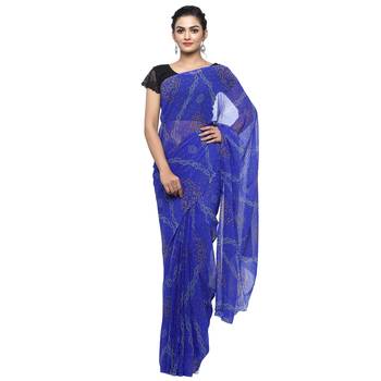 Blue printed faux georgette saree with blouse 1