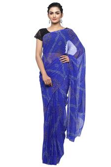 Blue printed faux georgette saree with blouse