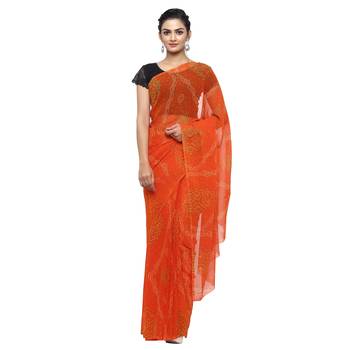 Orange printed faux georgette saree with blouse 1