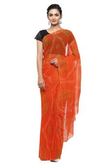 Orange printed faux georgette saree with blouse