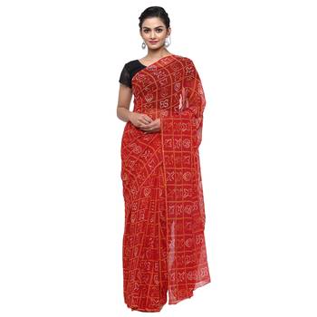 Red printed faux georgette saree with blouse 1