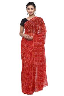 Red printed faux georgette saree with blouse