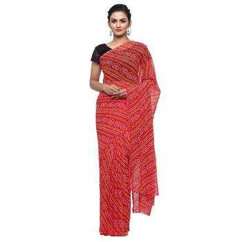 Red printed faux georgette saree with blouse 1
