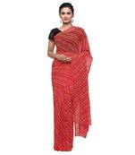 Red printed faux georgette saree with blouse