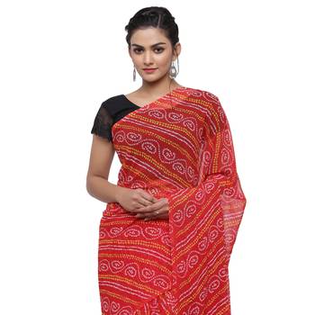 Red printed faux georgette saree with blouse 3