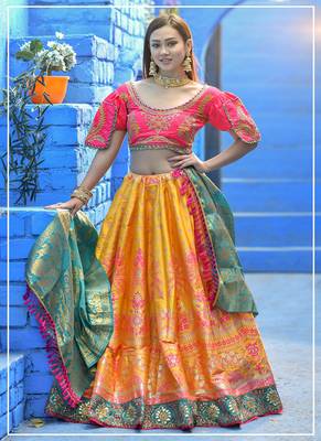 Yellow embroidered banarasi silk semi stitched lehenga 1