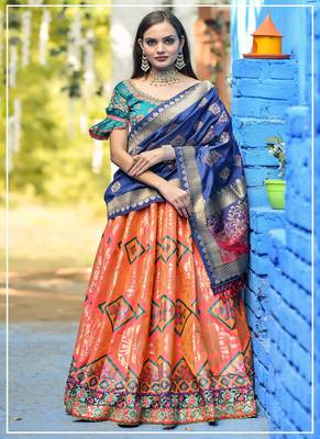 Orange embroidered banarasi silk semi stitched lehenga 1