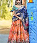 Orange embroidered banarasi silk semi stitched lehenga