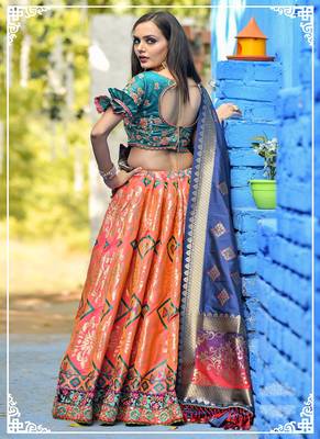 Orange embroidered banarasi silk semi stitched lehenga 2