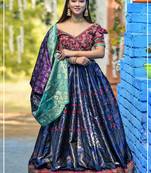 Navy-blue embroidered banarasi silk semi stitched lehenga