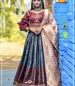 Grey embroidered banarasi silk semi stitched lehenga