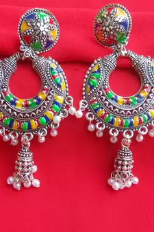 RozMili Oxidized silver  metal meenakari designDangle Drop Earrings for women & Girls