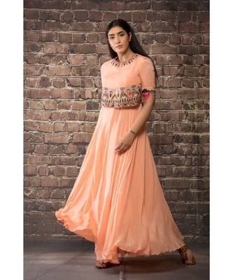 sulochana jangir peach chiffon dress  with hand and machine embroidery . 1