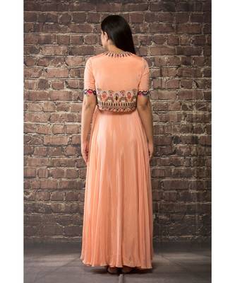 sulochana jangir peach chiffon dress  with hand and machine embroidery . 2