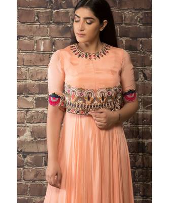 sulochana jangir peach chiffon dress  with hand and machine embroidery . 3
