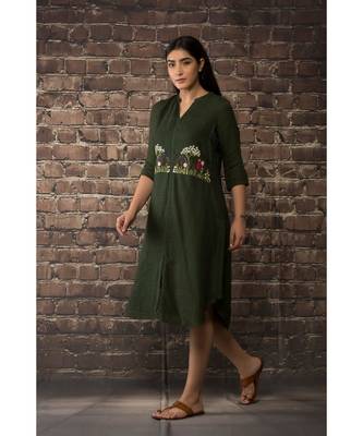 sulochana jangir olive green handloom linen twill kurta with rich stich hand embroidery 4