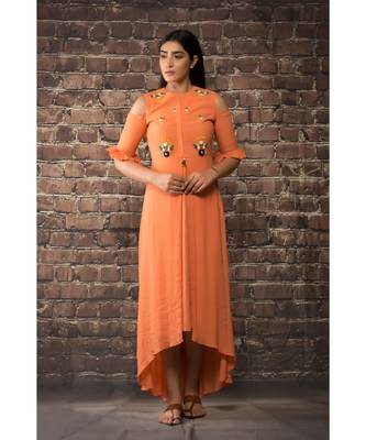 sulochana jangir orange linen silk dress with saratan ribbon hand and machine embroidery 1