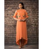 sulochana jangir orange linen silk dress with saratan ribbon hand and machine embroidery