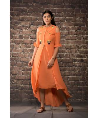 sulochana jangir orange linen silk dress with saratan ribbon hand and machine embroidery 2