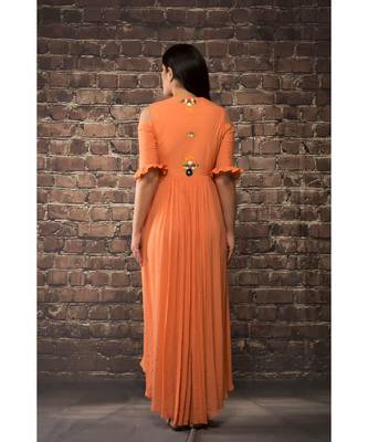 sulochana jangir orange linen silk dress with saratan ribbon hand and machine embroidery 3