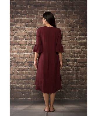 sulochana jangir maroon linen silk tunic with lily flower hand embroidery. 4
