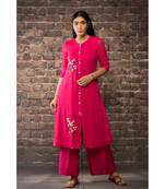 sulochana jangir fuchsia pink linen georgette kurta with geeth work embroidery paired with matching pants