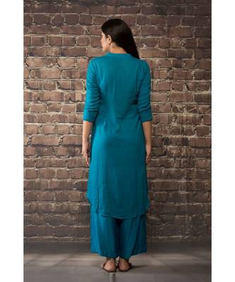 sulochana jangir teel blue linen silk kurta with 3 bird with hand and machine embroidery paired with matching pants 2